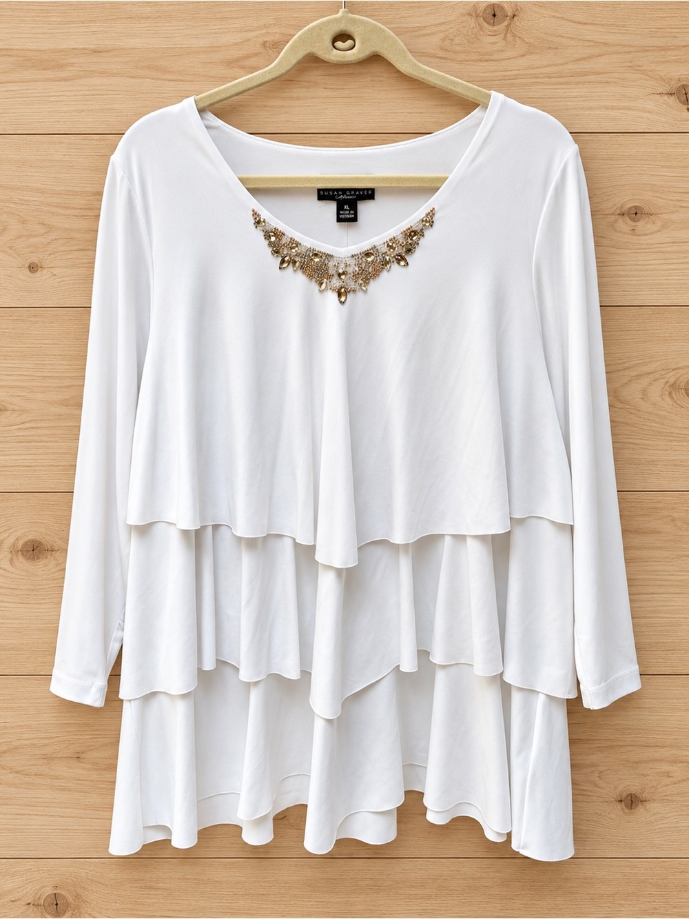 Susan Graver Artisan XL White Gold Beaded Long Sleeve Ruffled Top